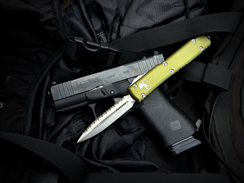 Microtech Ultratech Gen II D/E OD Green Aluminum Body w/ Stonewashed Full Serrated Blade (3.4") 122-12OD