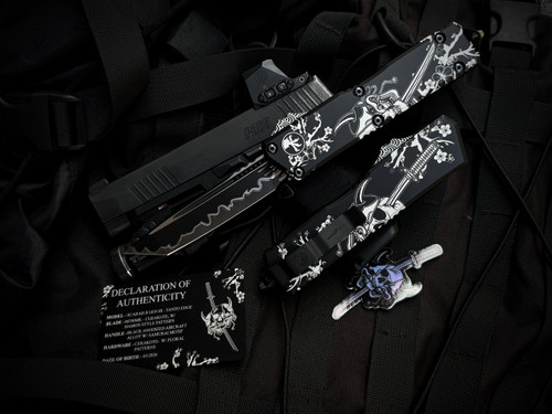 Microtech Scarab II Executive Gen III T/E Samurai Edition Black Aluminum Body w/ M390MK Hamon Style Plain Edge Blade (3.9") 1177-1URS