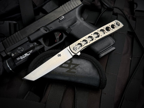 Brad Zinker Flipper Urban Trapper Tanto Skeletonized Titanium Body w/ CPM Magnacut Stonewashed Plain Edge Blade (3.25")