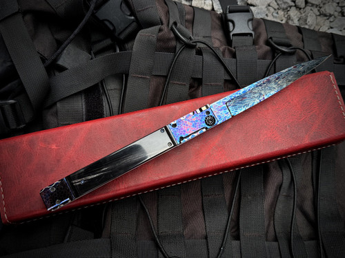 Z. Takaishvili Custom Individual Build 1 of 1 Italian Switch Blade "The Blue Dream" Titanium Frame, Buffalo Horn Scales, Dragonskin San-Mai B.Rietveld Damascus Bolsters, and Black Mother of Pearl Switch w/ Blued Dragon Skin Plain Edge Blade