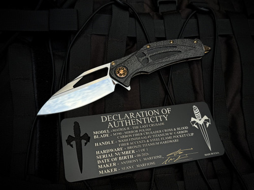 Marfione Custom Matrix-R Flipper "The Last Crusade" 1 of 1 Carbon Fiber Crusader Cross, Bloodwashed Titanium Body, and Steel Flame Pocket Clip w/ M390 Mirror Polished Plain Edge Blade (3.75")