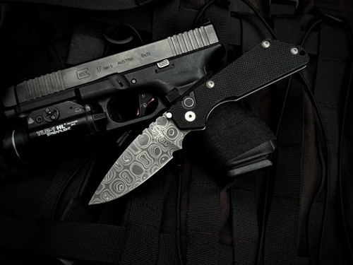 PRE-OWNED Pro-Tech Strider SNG Auto Folder Black G10 and Titanium Body w/ Chad Nichols Damascus Plain Edge Blade (3.5")