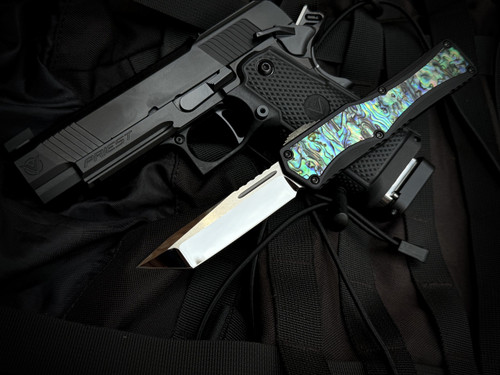 Heretic Knives Custom Colossus Black Aluminum Abalone Inlaid Body w/ Elmax Hand Ground Mirror Polished Tanto Plain Edge Blade (3.5")