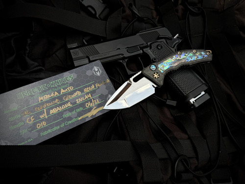 Heretic Knives Custom Medusa Auto Abalone Inlaid Carbon Fiber Body w/ Hand Ground High Polish Compound Grind Blade (3")