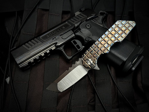 PRE-OWNED Attn2Detail Tanto Folder Entropic Anodized "Toxic" Finished Frag Pattern Titanium Body w/ CTS XHP Satin Plain Edge Blade
