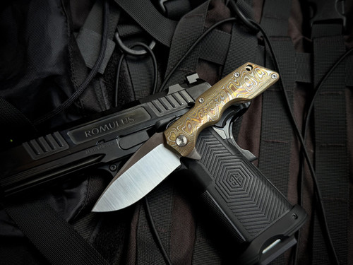 PRE-OWNED Attn2Detail Mk1 Folder Mokume and Titanium Body w/ RWL34 Satin Plain Edge Blade
