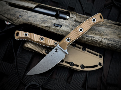Microtech Knives Akris Fixed Blade Dark Earth G10 Scales and Tan Kydex Sheath w/ M390MK Stonewashed plain Edge Blade (3.7") 95-10DE-6