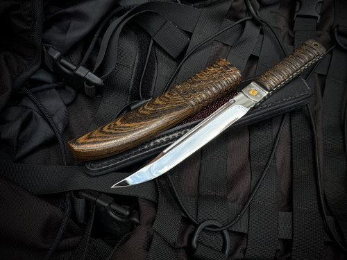 Koji Hara Custom Fixed Blade "Sun and Moon" Zebra Wood and 316 Stainless and 24K Gold inlaid Sun and Moon Handle w/ Cowry-Y Mirror Polished Plain Edge Blade and Zebra Wood Sheath