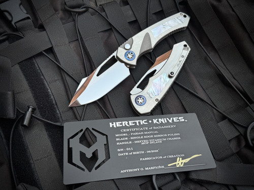 Heretic Knives Custom Pariah Manual Folder Titanium Body and MOP Inlays w/ Mirror Polished Plain Edge Blade (3.75")