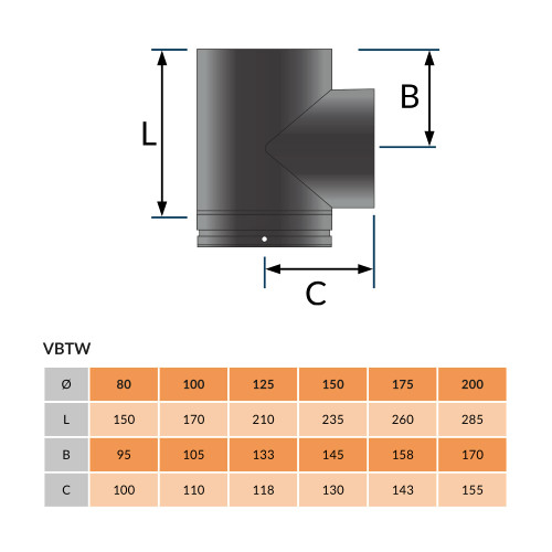 Té 90° 2x femelle 1x male emaillé noir mat Ø 150mm.