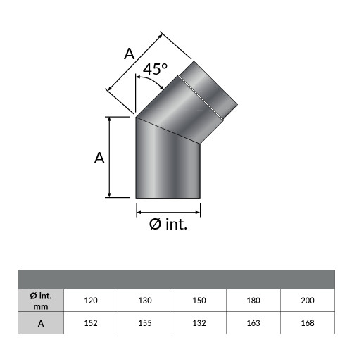 Coude fixe 45° gris Ø 150mm - Dessin géométrique