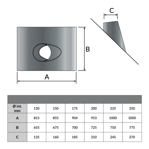 Solin en pente, plaque plomb 45-60° pour SP 150 mm et DP 100 mm - Dessin géométrique