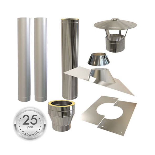 Premium kit Veranda toit en pente avec plaque de toit en aluminium 15-25° sortie de poêle intérieure 150 mm INOX