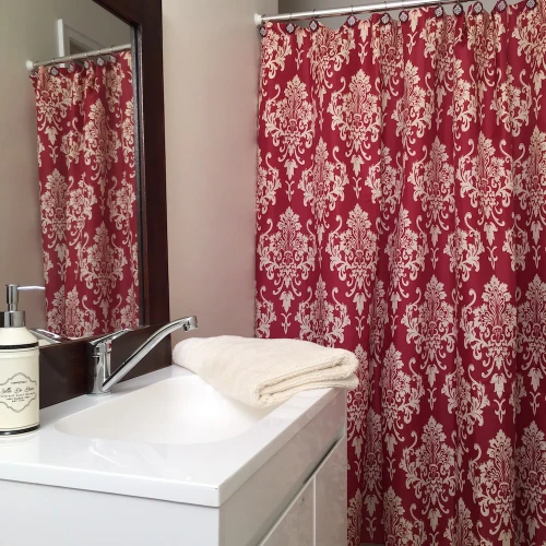 Red and Cream Damask Shower Curtain and 12 Decorative Rings Hooks | Sold Out!
