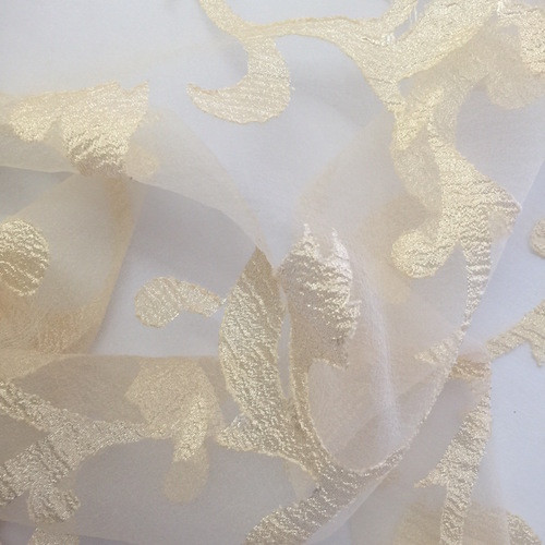 Sheer Eyelet Gold Scroll Patterned Fabric Swatch