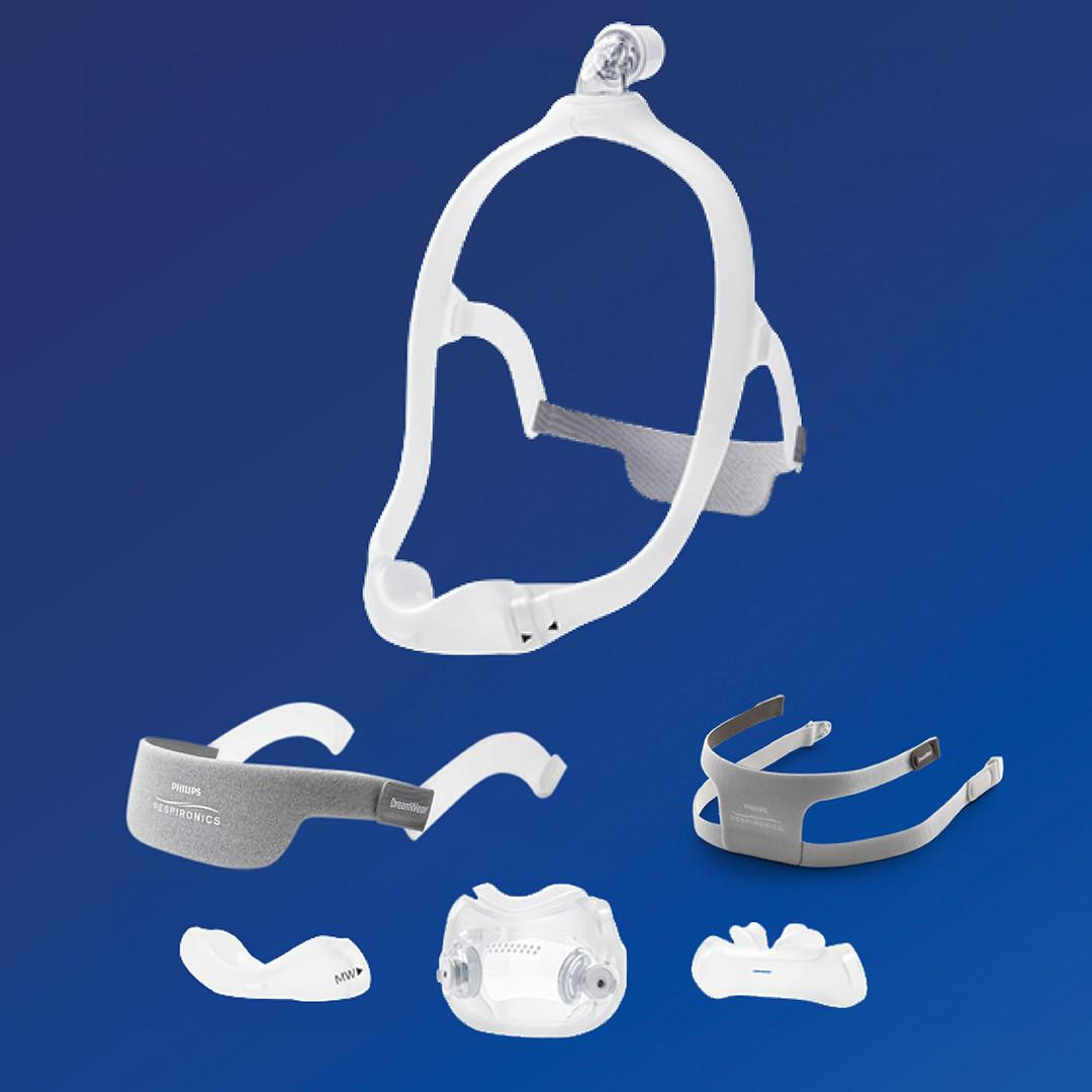 Philips Respironics Philips DreamWear Nasal Cushion Mask FitPack, components for sleep apnea therapy including nasal cushion, headgear, frame, and other accessories.