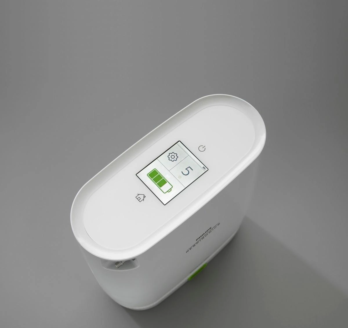 Philips Respironics SimplyGo Mini Standard Lithium Ion Battery, portable medical device battery with digital display showing battery life and settings.