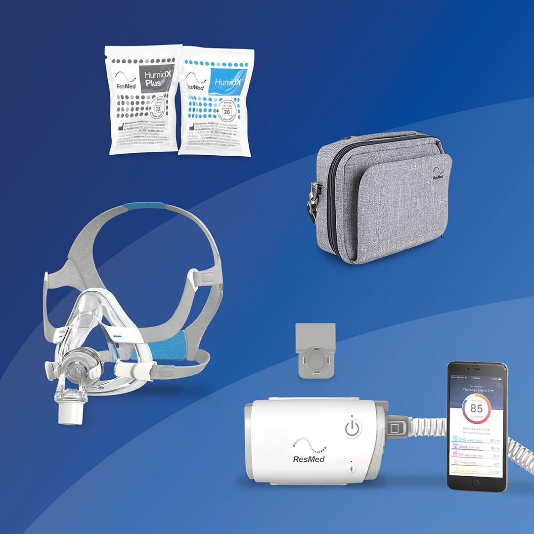 Resmed AirMini - F20 Starter kit, including a CPAP mask, portable device, humidifier sachets, carrying case, and smartphone app for sleep monitoring.