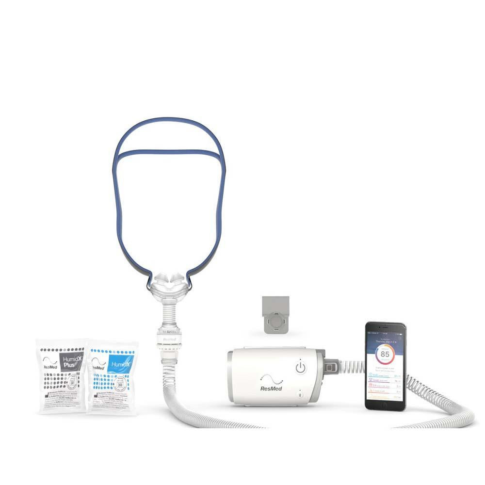Resmed AirMini - P10 Starter kit, portable CPAP machine with connected phone app, mask, and humidification supplies.