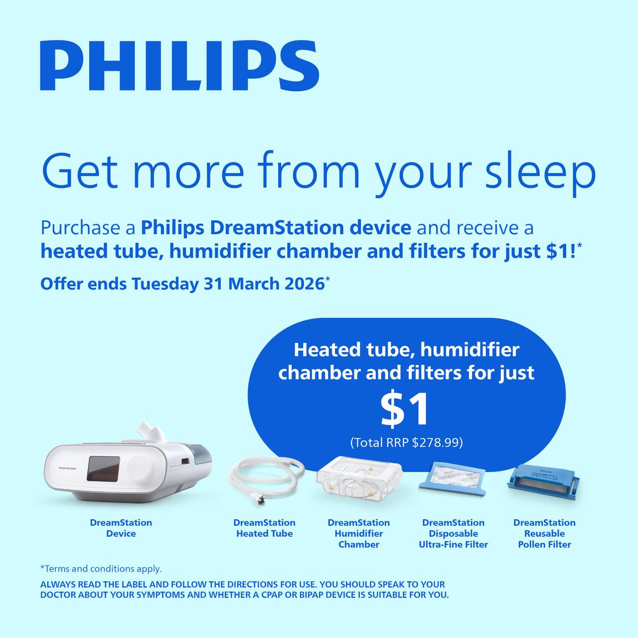 Philips Respironics Philips DreamStation Auto + Mask Package + Modem + Bonus Accessories, image of sleep apnea treatment device with various accessories and promotional offer.