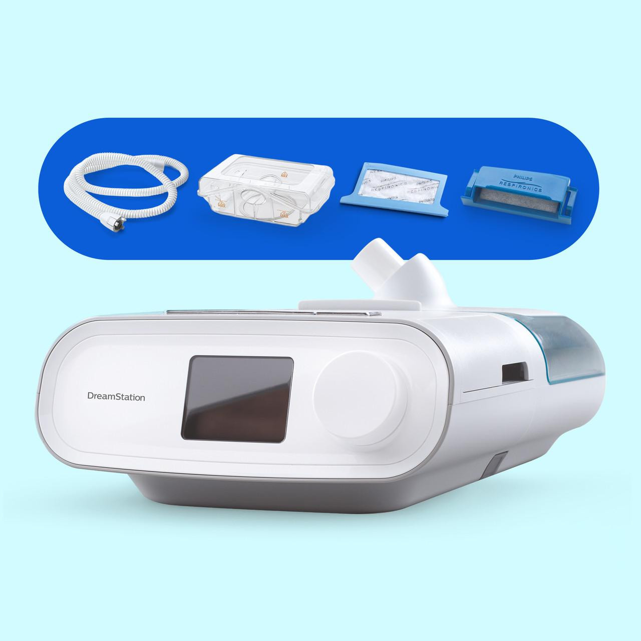 Philips Respironics DreamStation Auto with Mask Package, Modem, and Bonus Accessories, medical sleep apnea therapy device with additional accessories for user convenience.