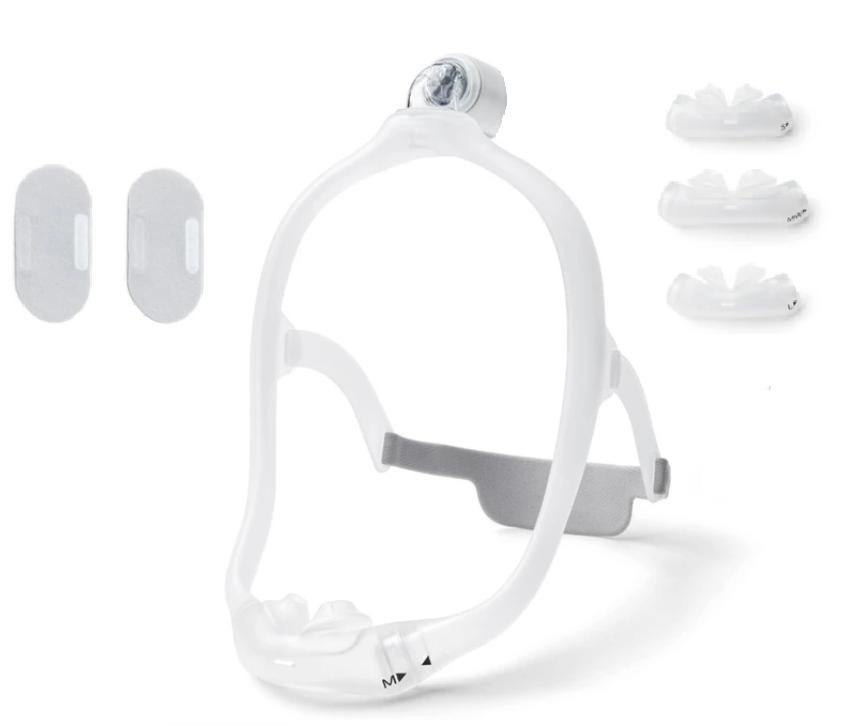 Philips Respironics Philips DreamWear Silicone Pillows CPAP mask, clear silicone nose pillows with adjustable headgear and straps for sleep apnea therapy.