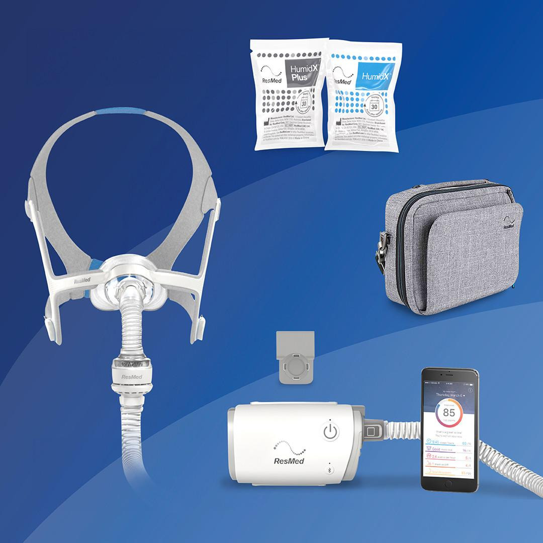Resmed AirMini - Airtouch N20 Starter kit + Deluxe Bag, complete sleep apnea therapy starter kit with a mask, humidification sachets, a storage bag, and a smartphone app for monitoring sleep therapy.
