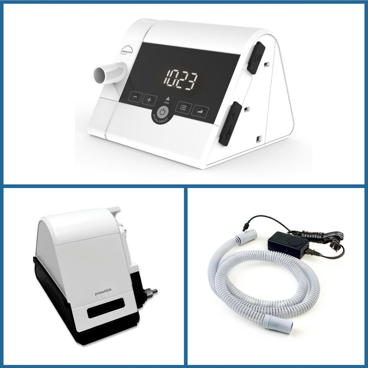 Lowenstein Prisma Smart Plus with Prisma Aqua Heated Humidifier, medical device for respiratory therapy featuring digital display, humidifier unit, and connecting tubing.