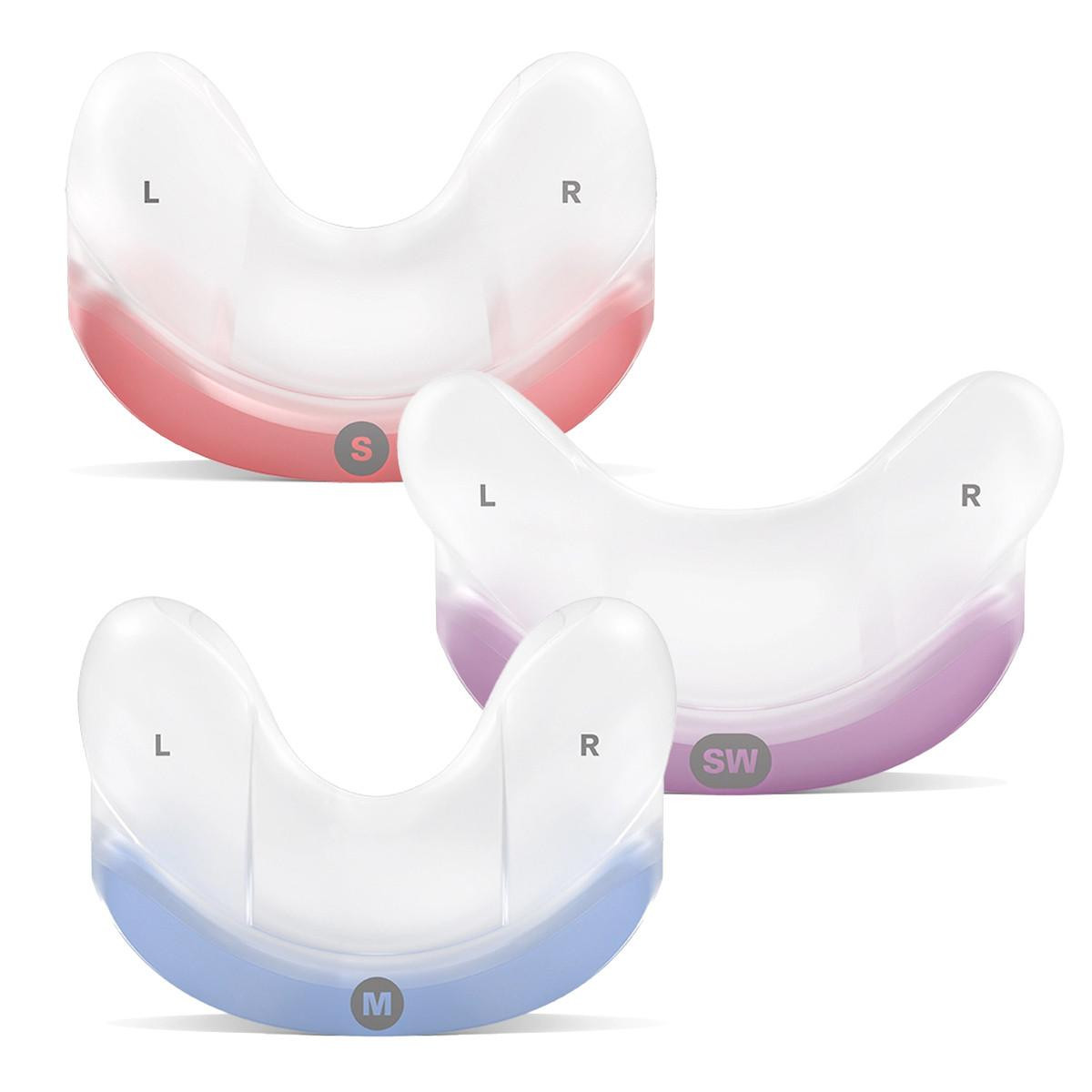 Resmed N30 cradle cushions, set of three pink, purple, and blue cushions with labeled sizes and side markers.