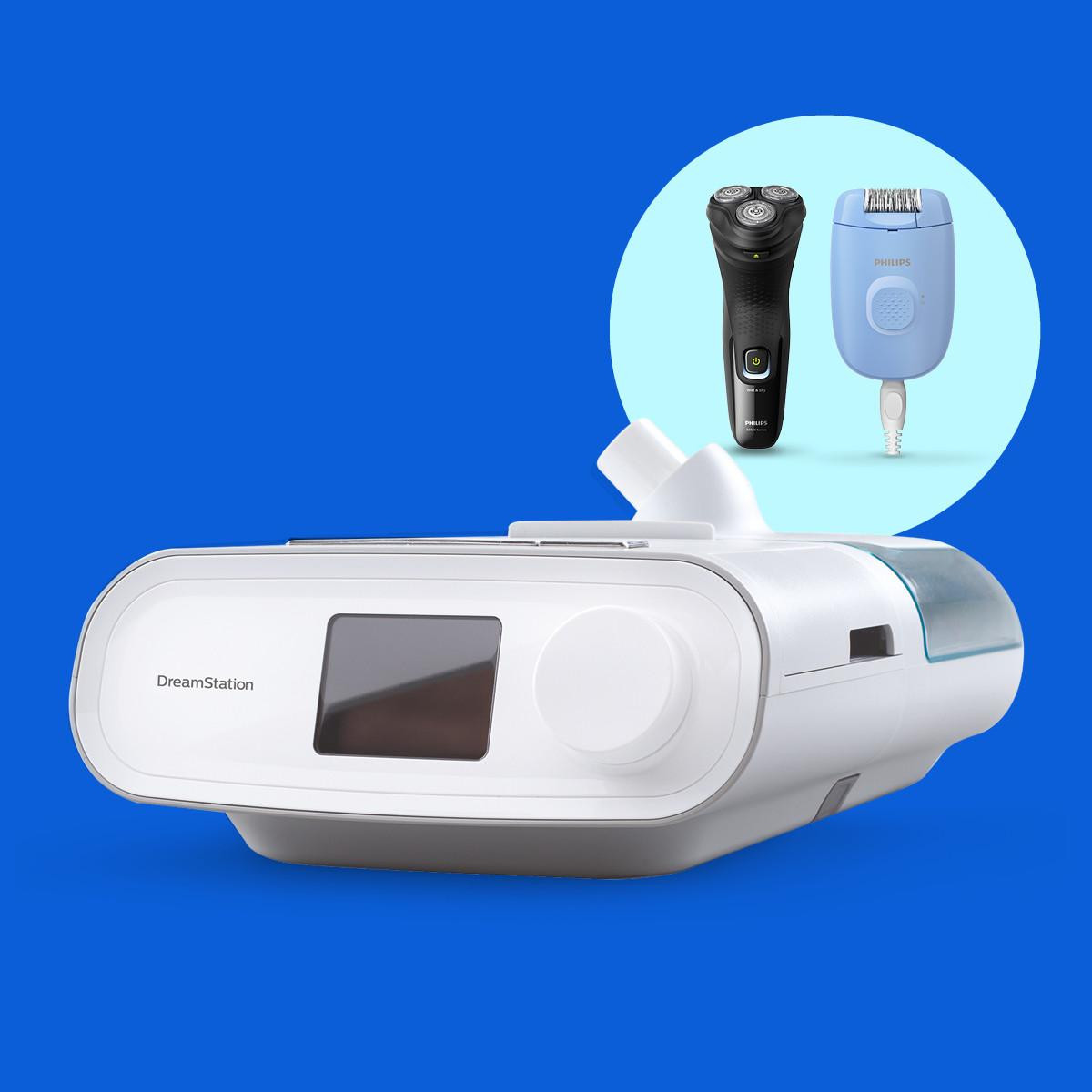 Philips Respironics DreamStation Pro CPAP with Humidifier, portable medical device for sleep apnea therapy, with attached mask and accessories for comfortable breathing support.