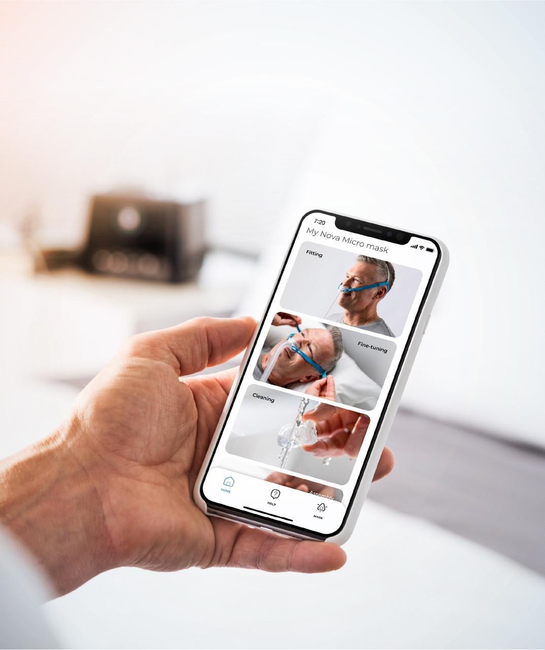 Fisher and Paykel Healthcare Fisher and Paykel Nova Micro Pillows CPAP Mask, mobile app showing fitting, fine-tuning, and cleaning instructions.