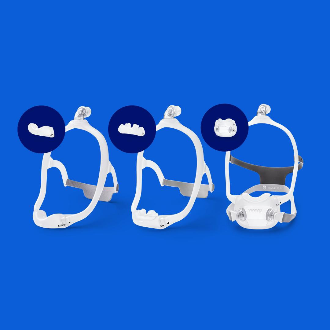 Philips Respironics DreamWear CPAP Masks, set of three different nasal mask frames and cushions for sleep apnea therapy.