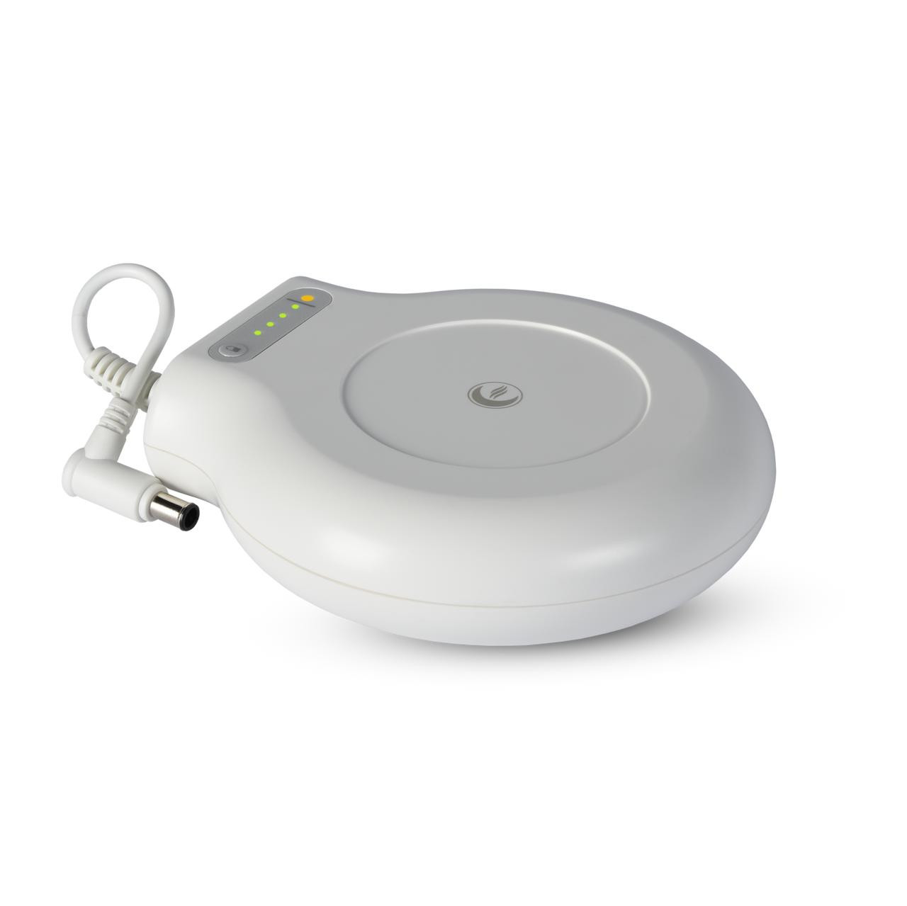 Transcend Micro PowerAway battery, portable wireless charging device with LED indicator lights and attached power cord.