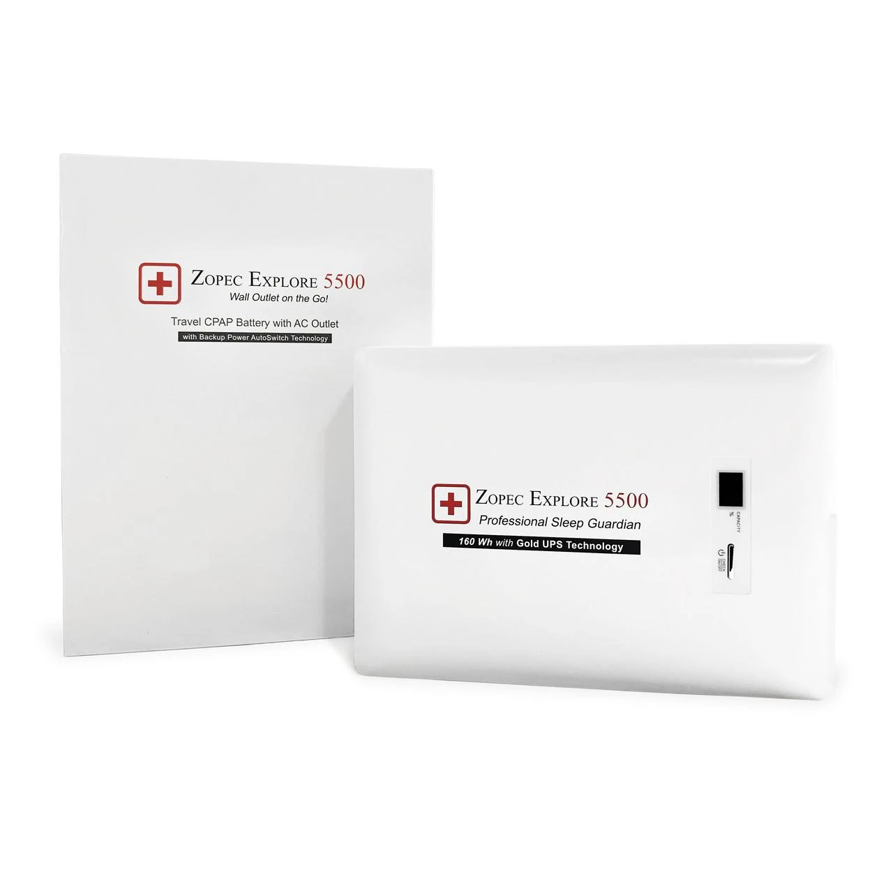Zopec Explore 5500, portable travel CPAP and sleep apnea battery with LCD display and backup power system.