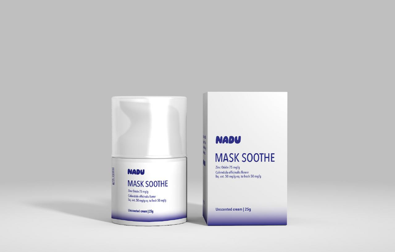 Nadu Mask Soothe, skincare product with unscented cream in a white jar and box, featuring blue text, zinc oxide, and calendula officinalis flower extract for soothing skin.