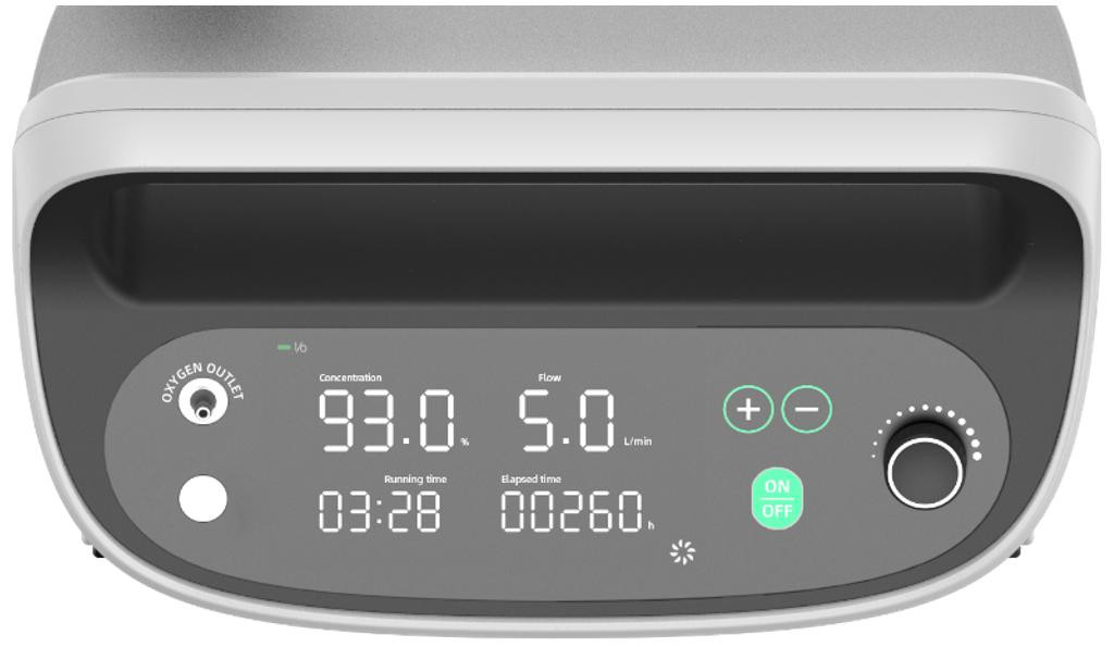 BMC MBC SO1 5B Oxygen Concentrator, 5 L, front view with digital display showing oxygen concentration, flow rate, and operational settings.