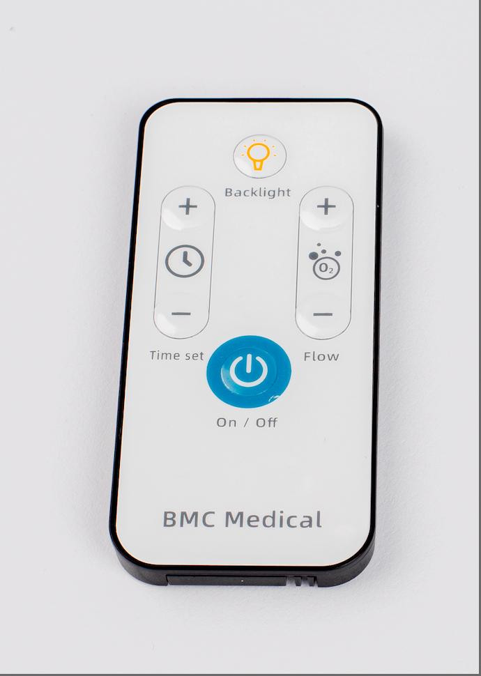 BMC MBC SO1 5B Oxygen Concentrator (5 L) remote control, with control buttons including power, flow, timer, backlight, and oxygen level indicator.