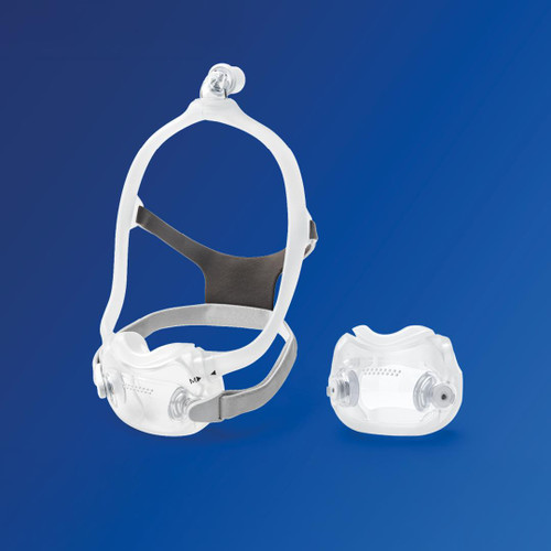 Philips Respironics DreamWear Full Face Mask, clear full face CPAP mask with headgear and nasal cushion against a blue background.
