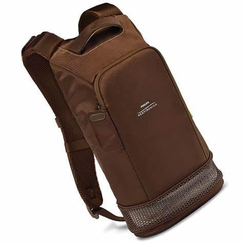 Philips Respironics SimplyGo Mini Backpack Brown, image of a brown portable oxygen concentrator backpack with a handle on top and front zipper pocket.