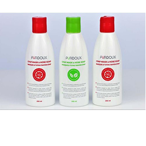 Purdoux PÜRDOUX™ CPAP Soaps 250ml, set of three bottles of CPAP mask and hose cleaning soap with red and green caps.