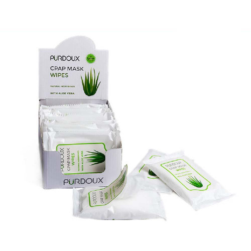 Purdoux PÜRDOUX™ CPAP Wipes Travel Pack, white packaging with green aloe vera graphic and text for cleaning CPAP masks.
