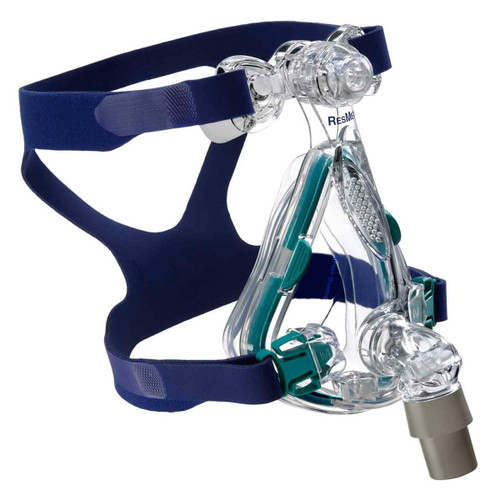 Resmed Mirage Quattro, CPAP mask with headgear and clear cushion for sleep apnea therapy.