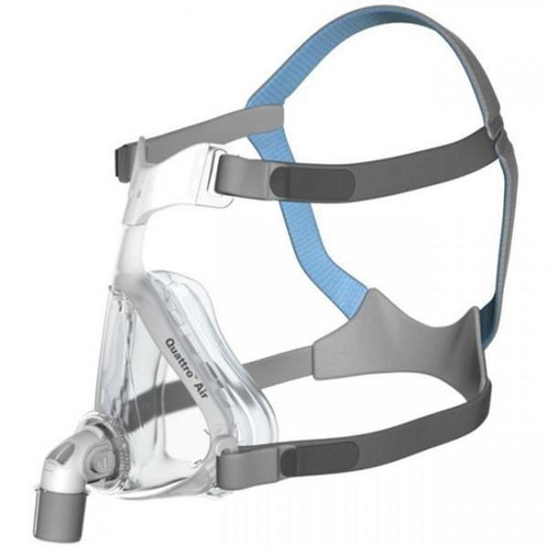 Resmed Mirage Quattro Air, CPAP mask with adjustable straps and clear nasal cushion for sleep apnea therapy.