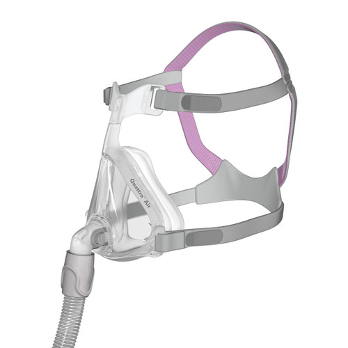 Resmed Mirage Quattro Air For Her, sleep apnea mask with a soft cushion, under-eye strap, and adjustable headgear for a comfortable fit.