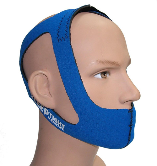 Seatec SleepTight Mouth and Chin strap, blue adjustable sleep aid band worn around a mannequin head to prevent mouth breathing during sleep.