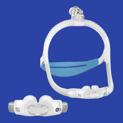 Resmed ResMed AirFit P30i Pillows mask + Bonus Cushion, a clear nasal pillow mask with adjustable straps and a blue cushion for comfortable sleep therapy.