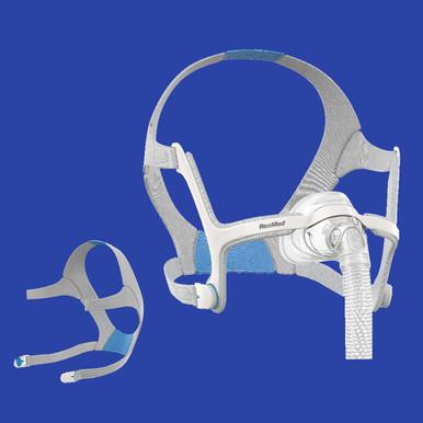 ResMed AirTouch N20 starter kit, CPAP mask with adjustable headgear and flexible hose on a blue background