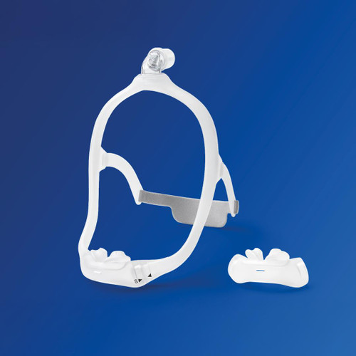 Philips Respironics DreamWear Silicone Pillows Mask, with two different frame sizes including small and medium, shown against a blue background.
