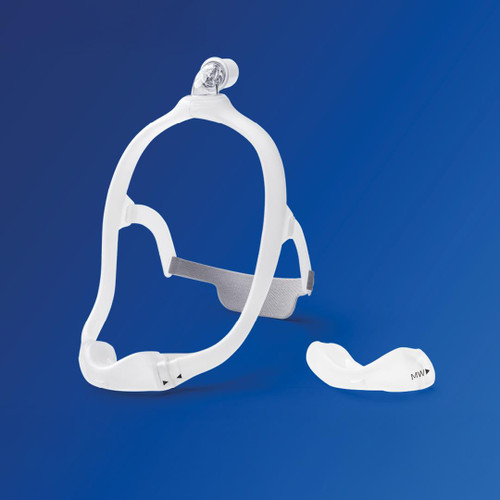 Philips Respironics Philips DreamWear Nasal Cushion Mask, small and medium frame, with Nasal Cushion and headgear, on a blue background.