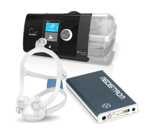 Resmed Airsense 10 Auto Battery and Mask Package - 4G, medical CPAP machine with mask and portable power bank for sleep therapy.